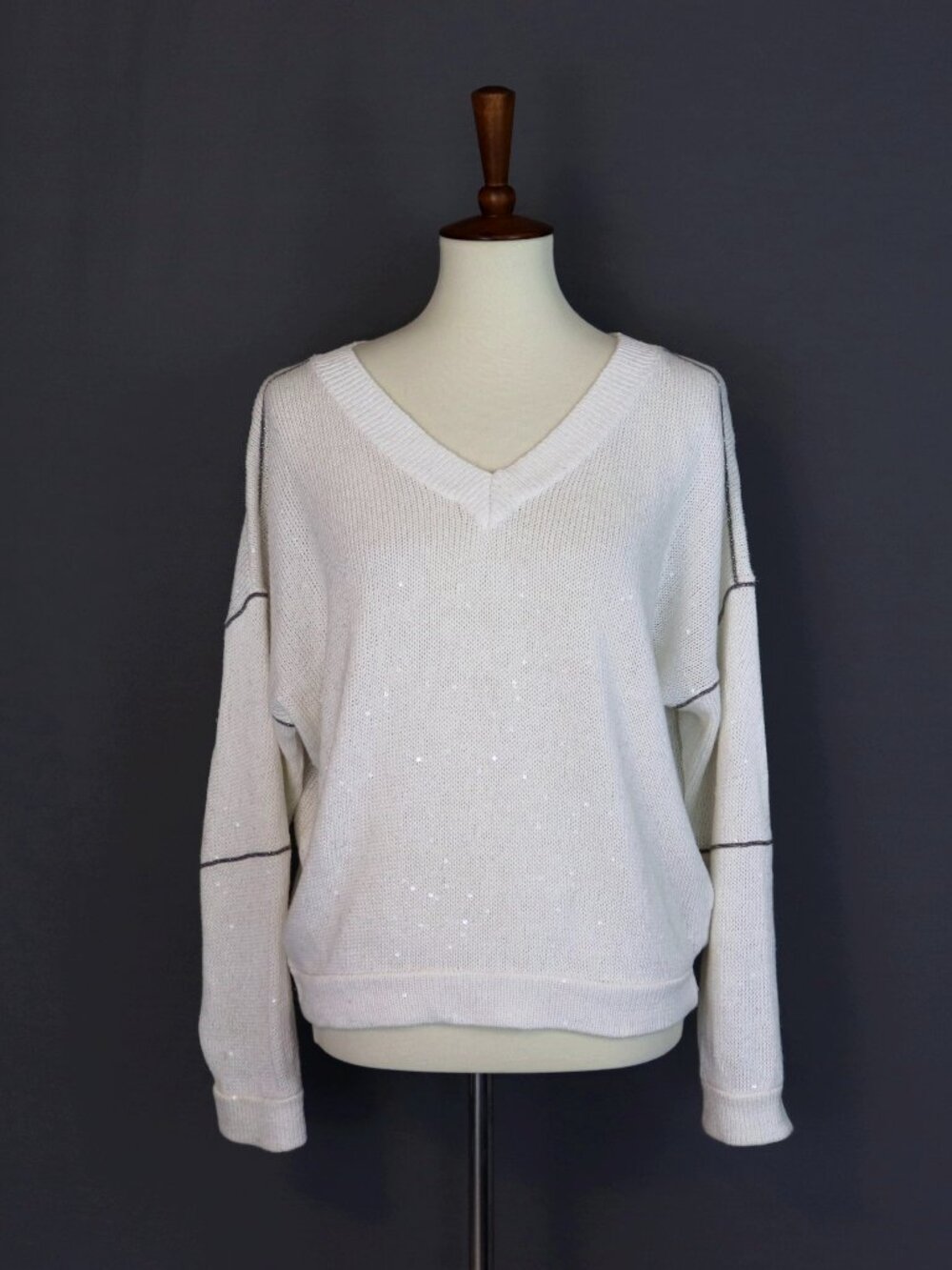 Brunello Cucinelli Small Micro Sequin Open-Knit V-Neck Sweater Long Sleeve Top